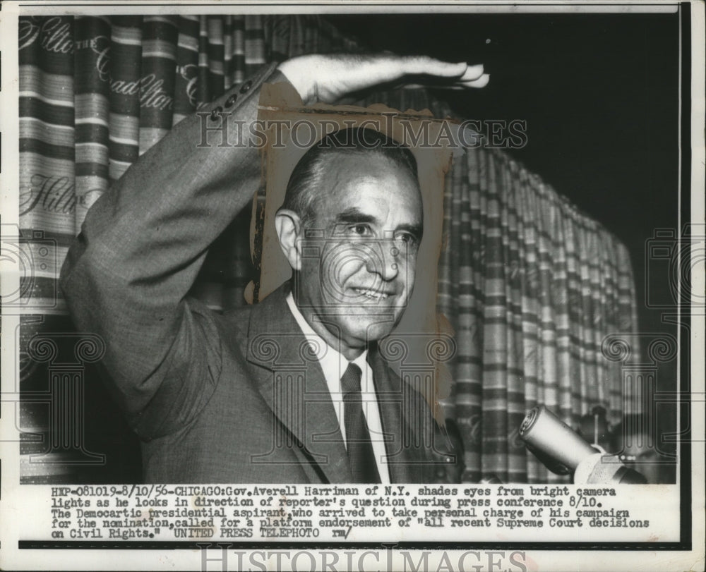 1956 Press Photo Gov. Averell Harriman Shades Eyes From Bright Camera Lights-Historic Images