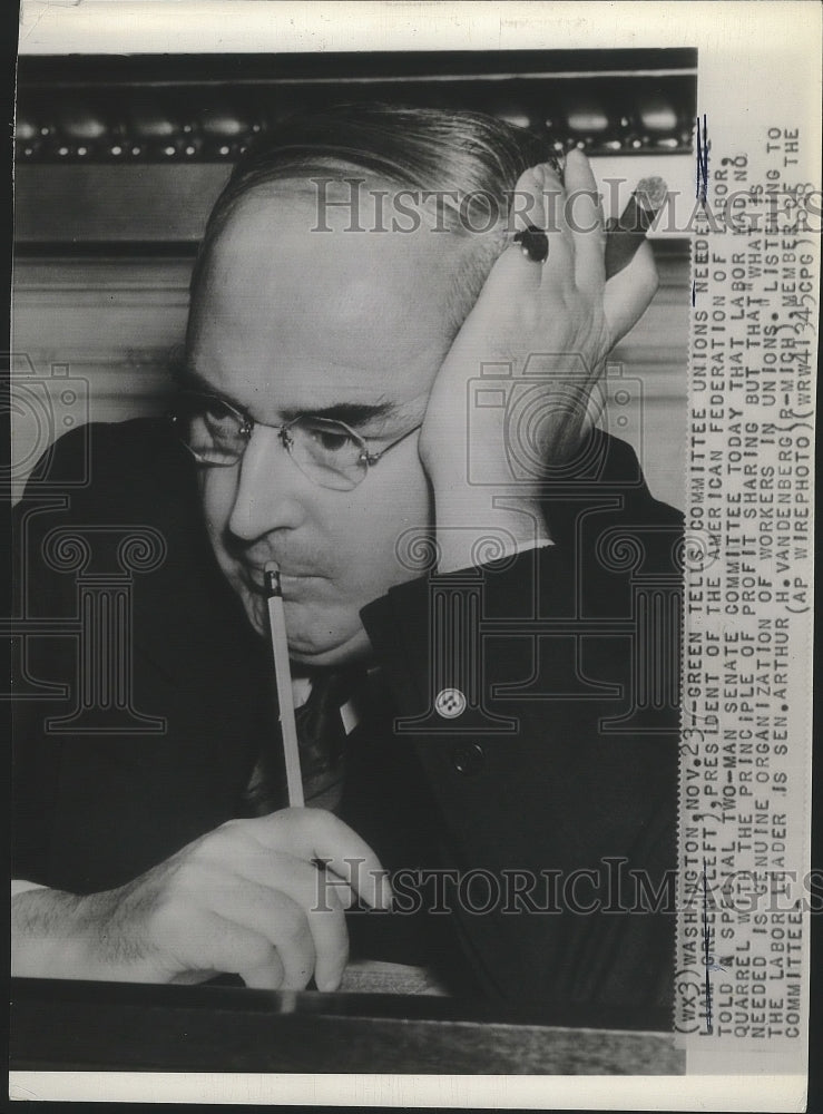 1938 Senator Arthur Vandenberg at Senate Labor Committee Meeting - Historic Images