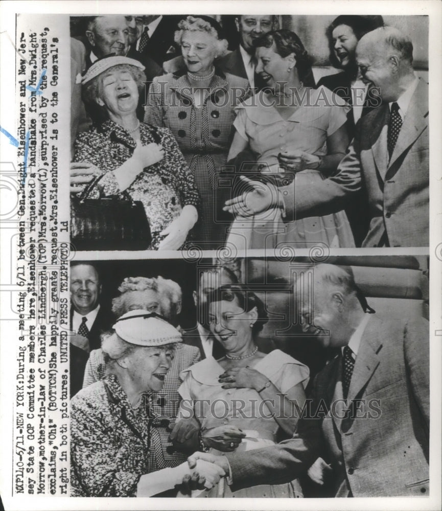 1952 Press Photo Gen.Dwight Eisenhower with wife shake hands with Mrs. Morrow-Historic Images