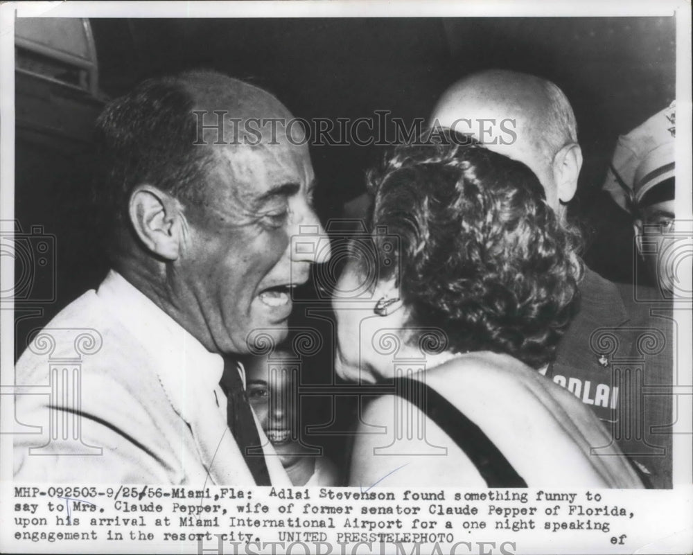 1956 Adlai Stevenson Talks to Mrs Claude Pepper Upon His Arrival - Historic Images