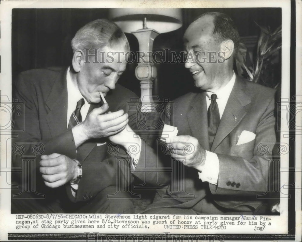 1956 Adlai Stevenson Lit Cigarette for James Finnegan at Stag Party - Historic Images