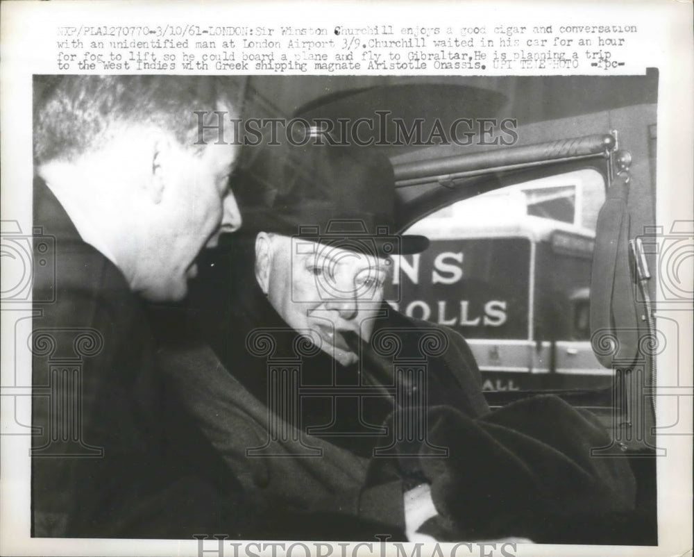 1961 Press Photo Winston Churchill Converses with Unidentified Man at Airport-Historic Images