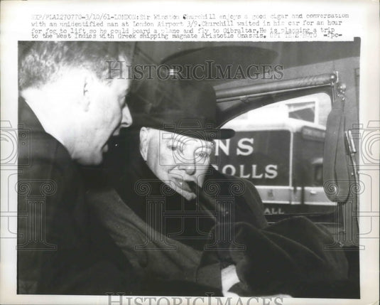 1961 Press Photo Winston Churchill Converses with Unidentified Man at Airport-Historic Images