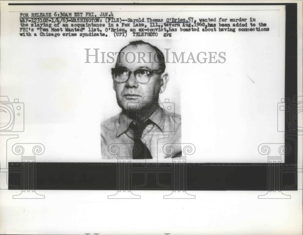 1963 Press Photo Harold Thomas O'Brien Wanted for Murder in Slaying of Friend-Historic Images