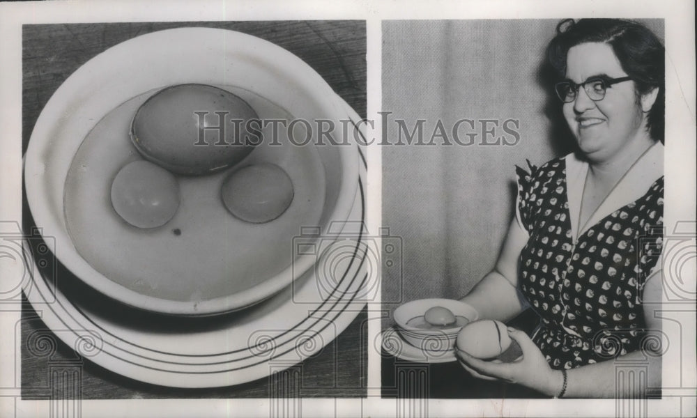 1953 Press Photo Mrs.Frank Mille of N.Y. displayed huge half pound Eggs-Historic Images