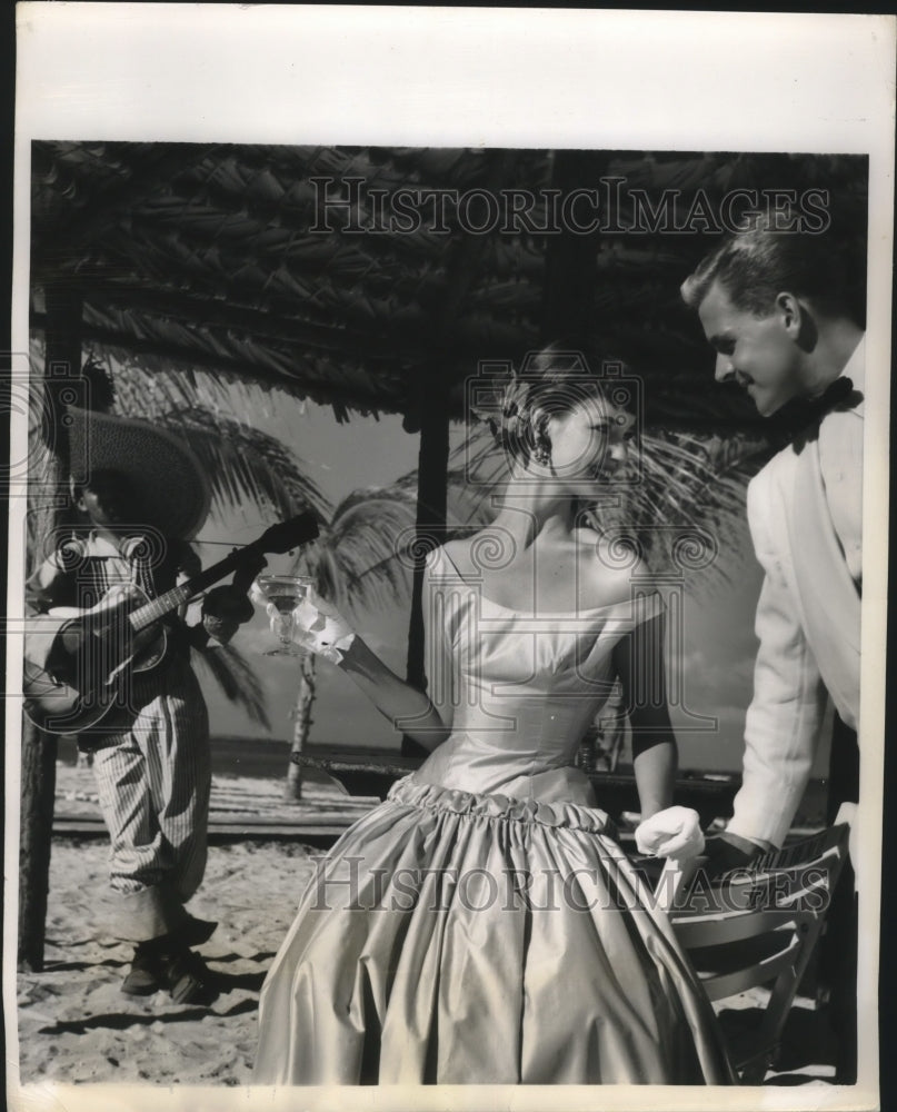 1955 Press Photo Bell Silhouette Dress by Mr. Mort Was Worn By Beautiful Lady - Historic Images