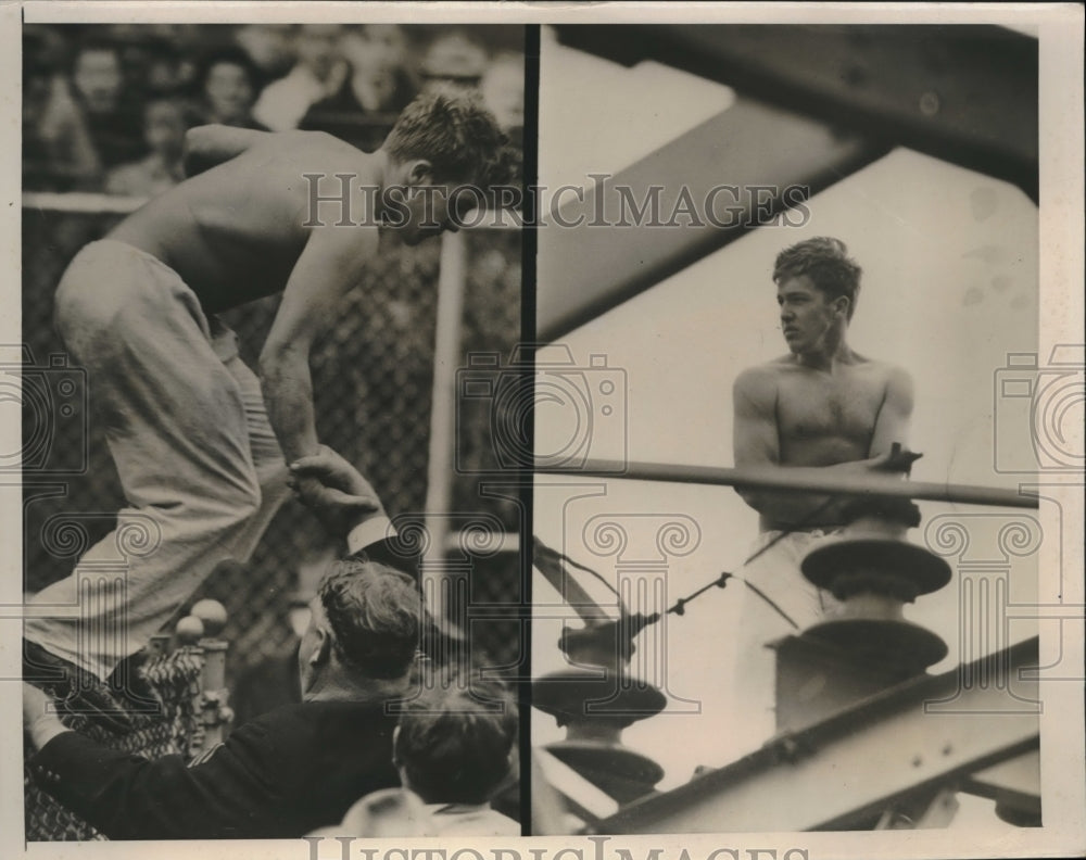 1940 Press Photo John S. Robbins climbed power pole to watch football game-Historic Images