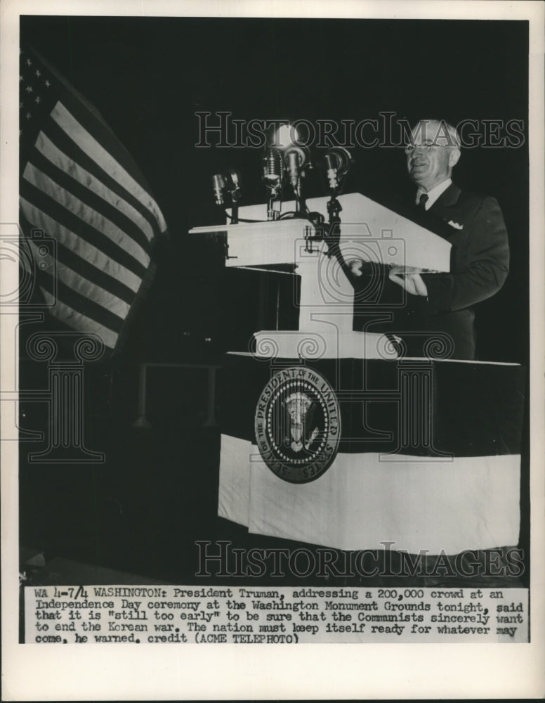 1951 Press Photo President Harry Truman speaks at Independence Day ceremony-Historic Images