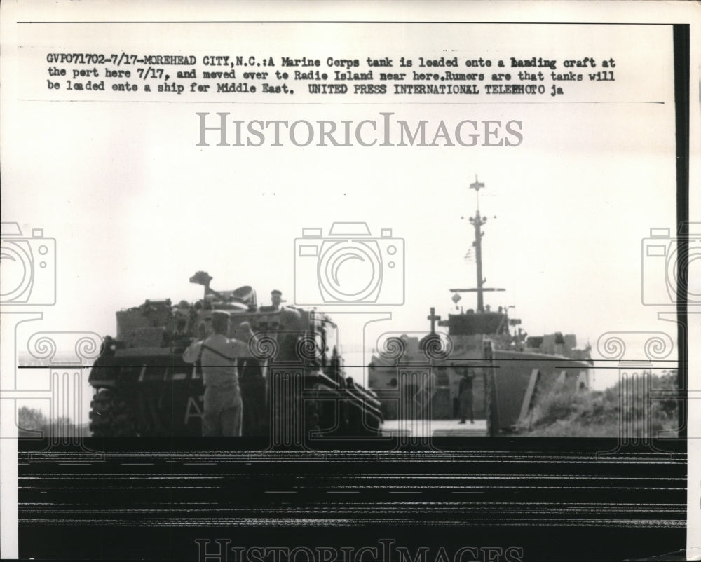 1956 U.S. Marine Corps Tank move over to Radio Island. - Historic Images