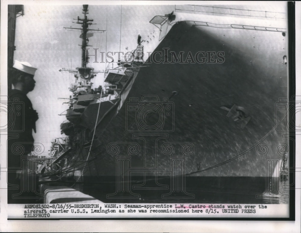 1955 Press Photo Bremerton, Wash. Seaman apt LM Castro on USS Lexington-Historic Images