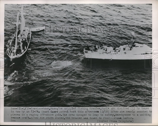 1952 Press Photo Crippled Fishing Trawler taken by a Coast Guard Patrol.-Historic Images