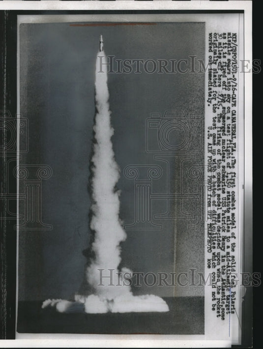 1960 Solid Fuel Polaris Missile into the sky on a test flight. - Historic Images
