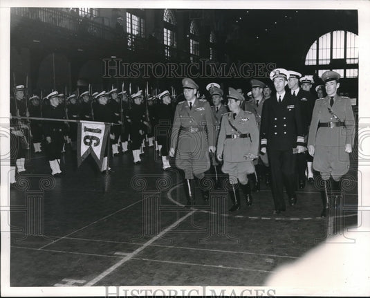 1944 Ecuador Defense Minister Alberto Romero review Naval Cadets. - Historic Images