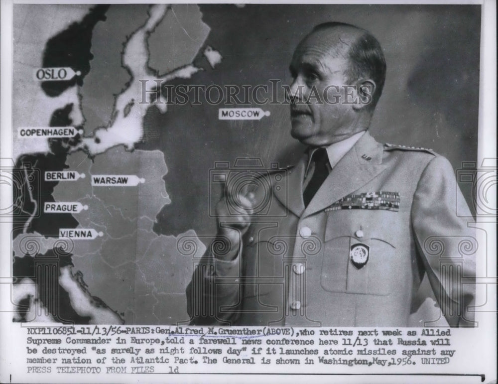 1956 Press Photo Paris, Gen Alfred M Gruenther, Supreme Cmdr I Europe-Historic Images