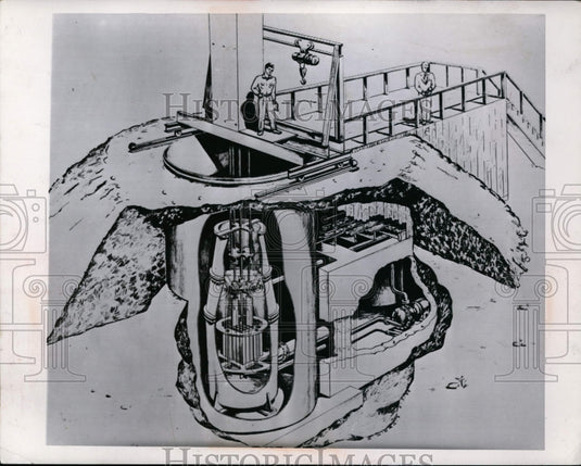 1955 Press Photo Art concept of underground pump machinery at construction site-Historic Images