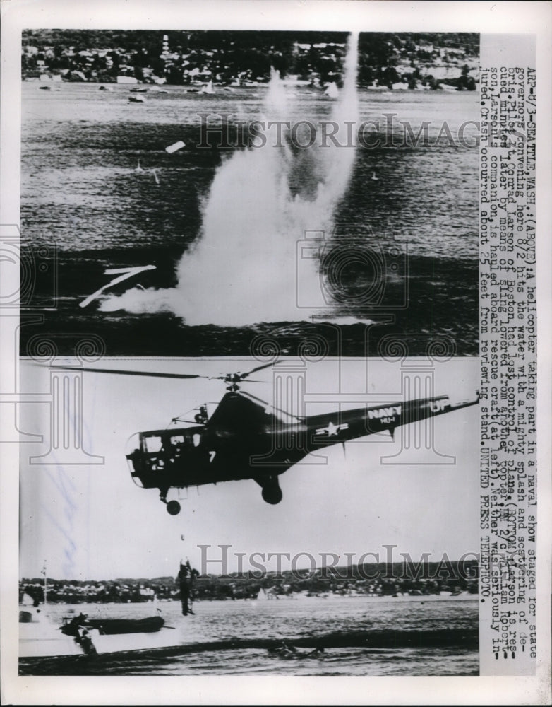 1953 Press Photo US Navy helicopter &amp; pilot Lt Conrad Larson in Seattle WA-Historic Images