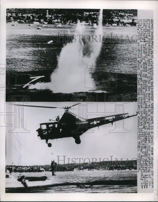 1953 Press Photo US Navy helicopter & pilot Lt Conrad Larson in Seattle WA-Historic Images