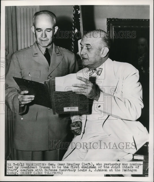 1949 General Omar Bradley VA chairman & Defense Secretary Johnson - Historic Images