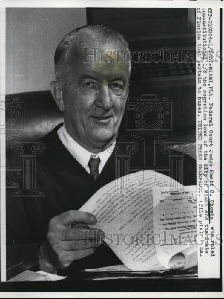 1957 Press Photo Federal Court Judge Emett Choate rules against segregation laws - Historic Images