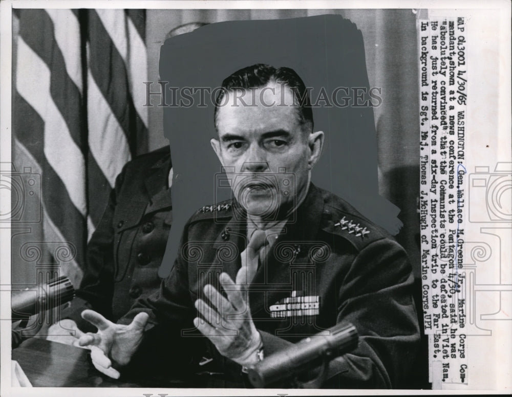 1965 Press Photo DC Marine Commandant Gen Wallace Greene Jr speaks of Vietnam - Historic Images