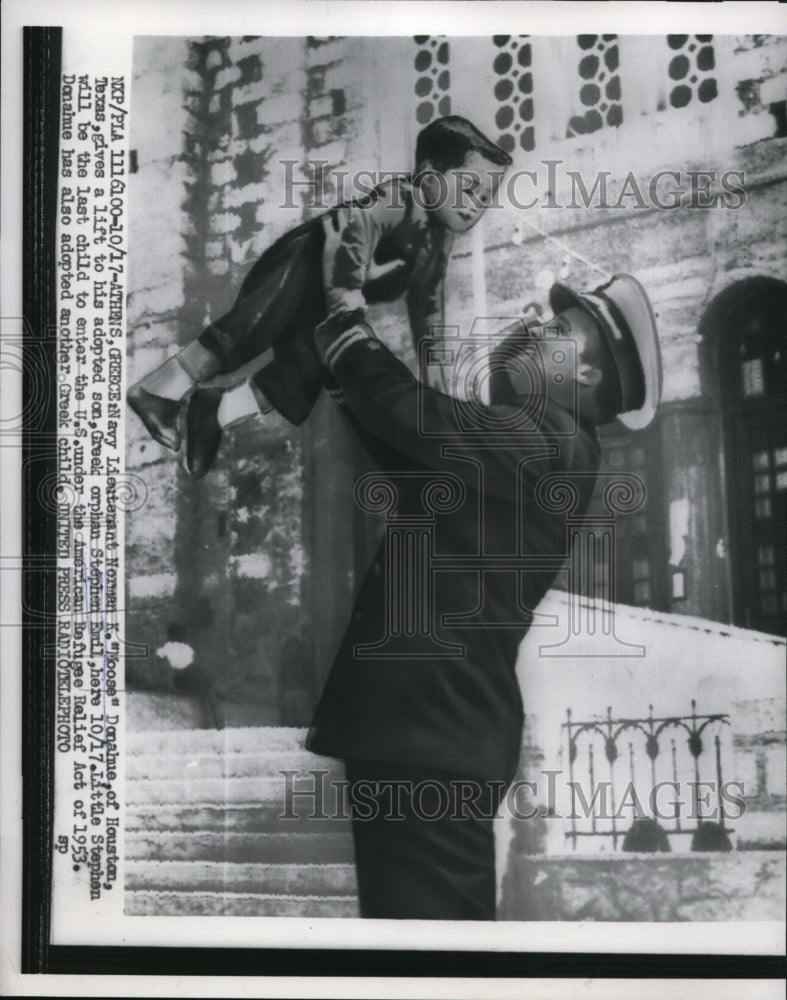 1956 Press Photo Navy Lt Norman Donahue Gives a Lift to His Adopted Son Stephen - Historic Images