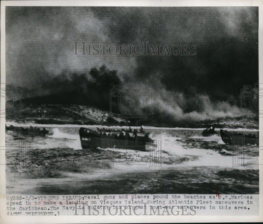 1949 Press Photo Naval Guns & Planes Pound Beaches as US Marines Make Landing-Historic Images