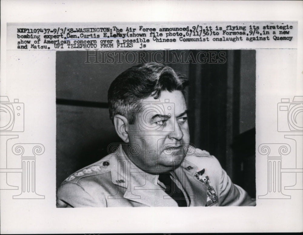 1958 Press Photo Bombing Expert Curtis LeMay Sent to Formosa by US Air Force - Historic Images