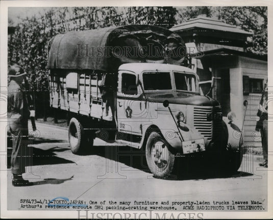 1951 Press Photo Toyko Japan truck leaves GHQ with Gen MacArthur's goods - Historic Images