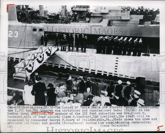 1949 Press Photo Sub USS Grampus christened by Mrs Clark Woodward in Boston - Historic Images