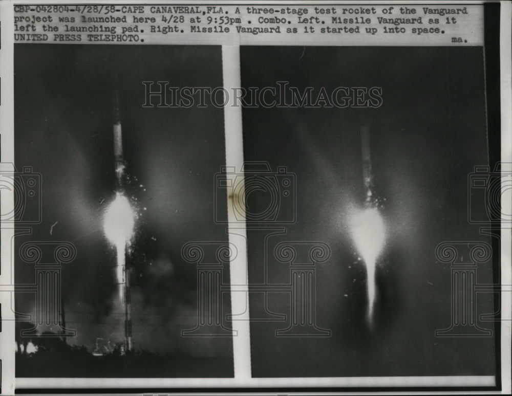 1958 Press Photo Navy Vanguard missile launch at Cape Canaveral Fla - Historic Images