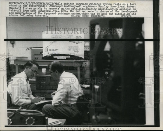 1957 Press Photo Minneapolis MN Honeywell engineers listen to satellite launch-Historic Images