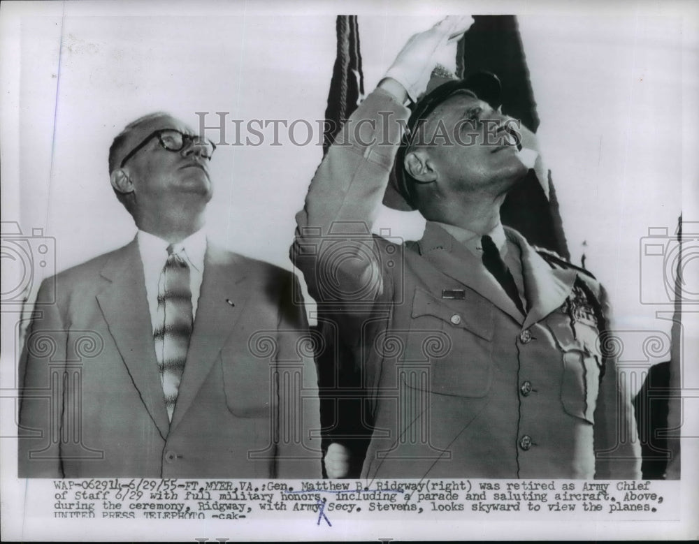 1955 Press Photo Gen Matthew Ridgway Retirement Ceremony at Fort Myer, VA - Historic Images