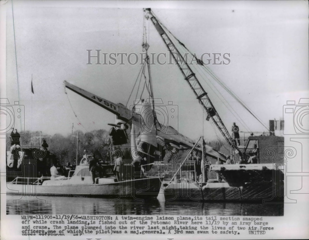 1956 Press Photo Twin-Engine Laison Plane  Tail Section Snapped Off During Crash - Historic Images