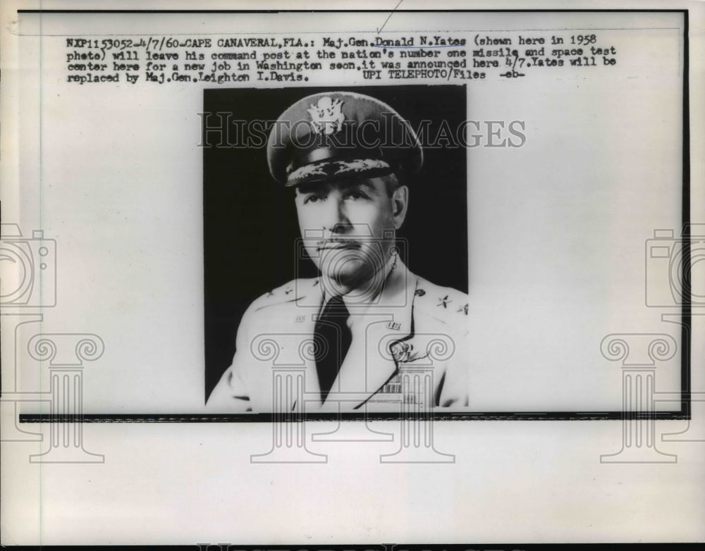 1960 Press Photo Maj Gen Donald N Yates at Cape Canaveral Florida base - Historic Images