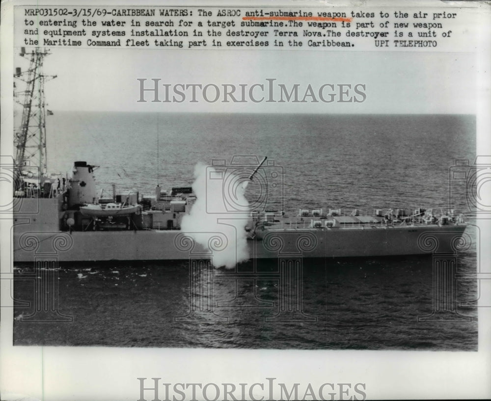 1969 Press Photo The ASROC anti sub weapon launched by destroyer Terra Nova - Historic Images