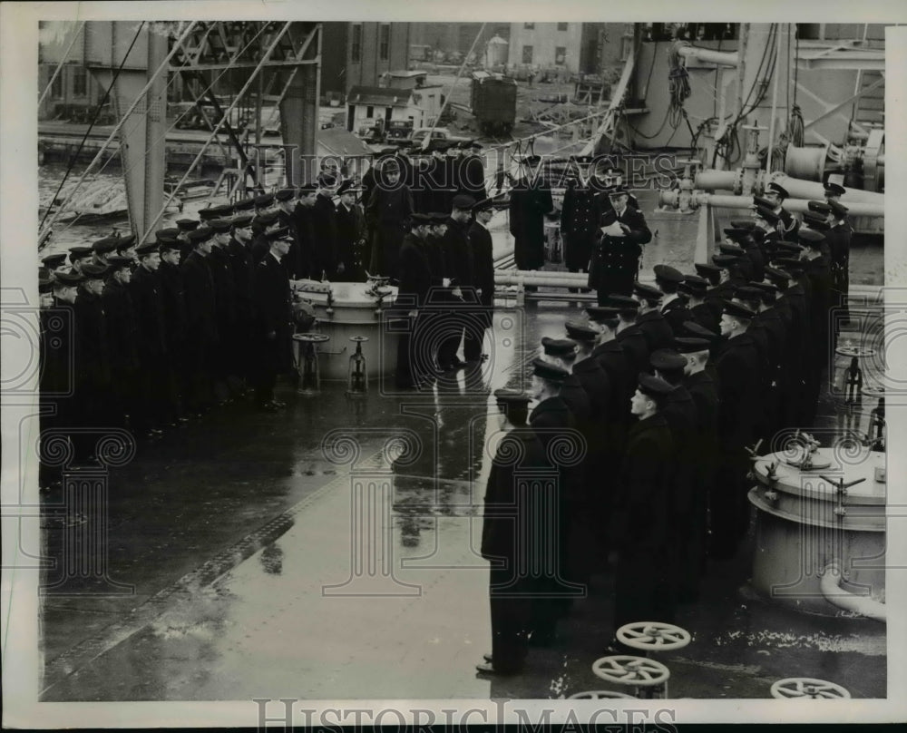 1939 Press Photo Rear Adm J.C. Townsend Reads Acceptance Papers for USS Cimarron-Historic Images