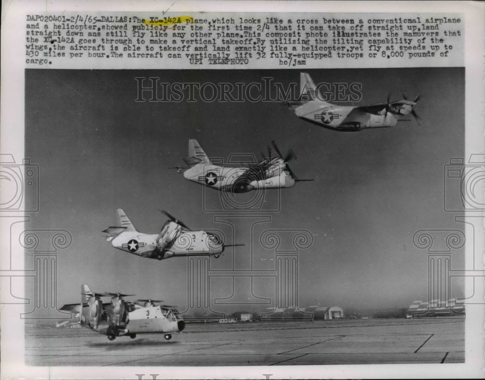 1965 Press Photo The XC-142A plane 1st vertical take off tests in Dall ...