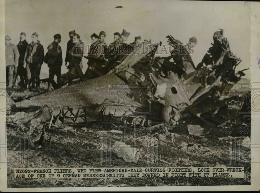 1939 Press Photo French fliers &amp; wrecks of 9 German Messerschmitts downed-Historic Images