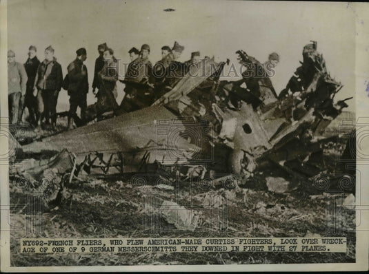 1939 Press Photo French fliers & wrecks of 9 German Messerschmitts downed-Historic Images