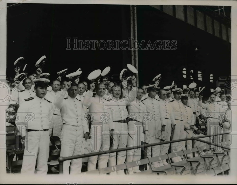 1936 Press Photo Japanese Naval Cadets Shown Cheering the Yankees as Game Starts - Historic Images