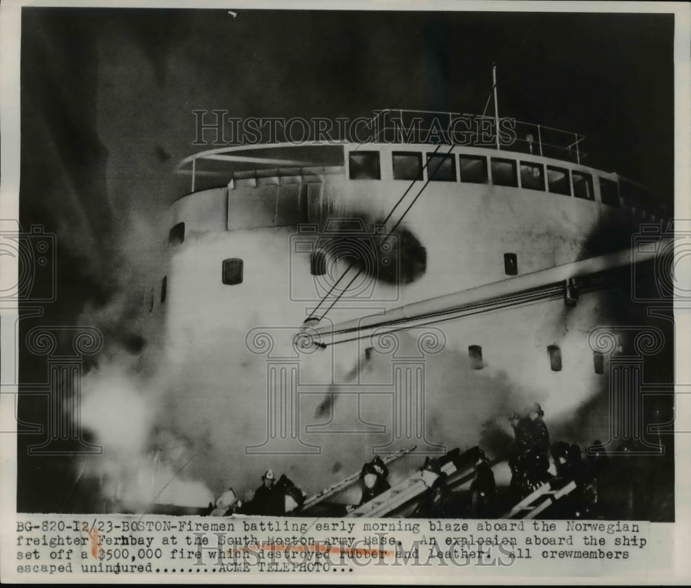 1950 Press Photo Firemen Battle Blaze Aboard Norwegian Freighter Fernbay - Historic Images