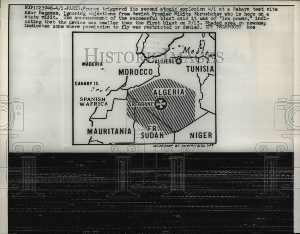 1960 Press Photo Map Shows Where 2nd Atomic Explosion by France in Sahara Desert-Historic Images