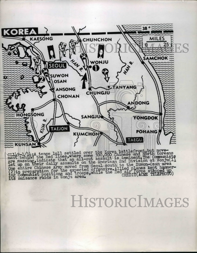 1951 Press Photo 300,000 Chinese &amp; North Korean Massing Indicating Assault - Historic Images