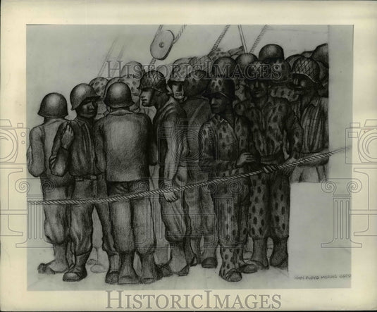 1945 Press Photo Drawing of U.S. Marines before Embarking in the South Pacific - Historic Images