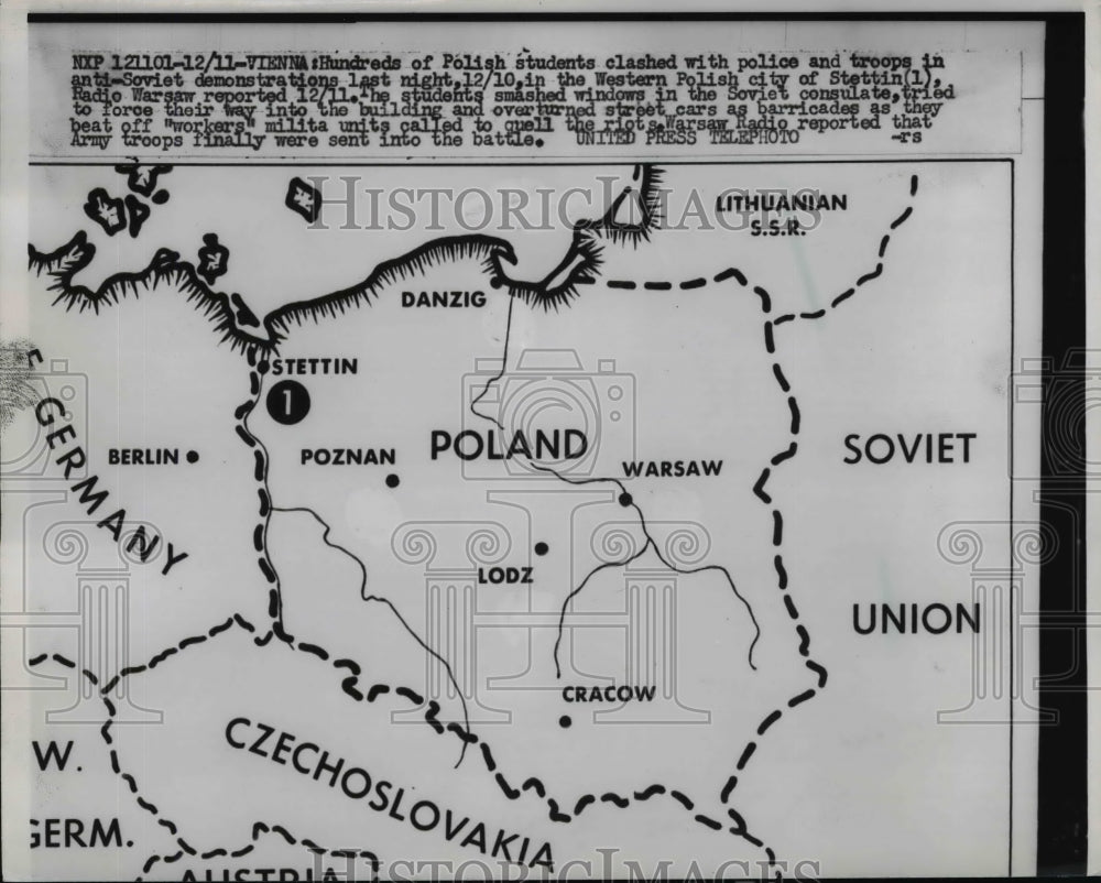 1956 Map of Polish City Where Students Performed Anti-Soviet Action - Historic Images