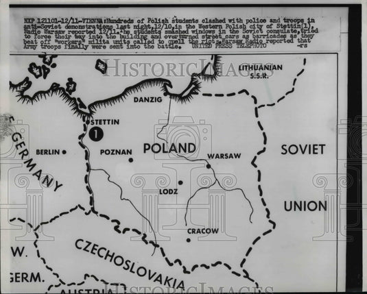 1956 Map of Polish City Where Students Performed Anti-Soviet Action - Historic Images