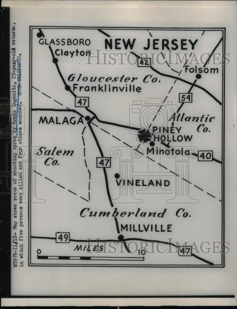 1950 Press Photo Map of Shooting Spree Ernie Lagenito Killed 5 People Wounded 4 - Historic Images