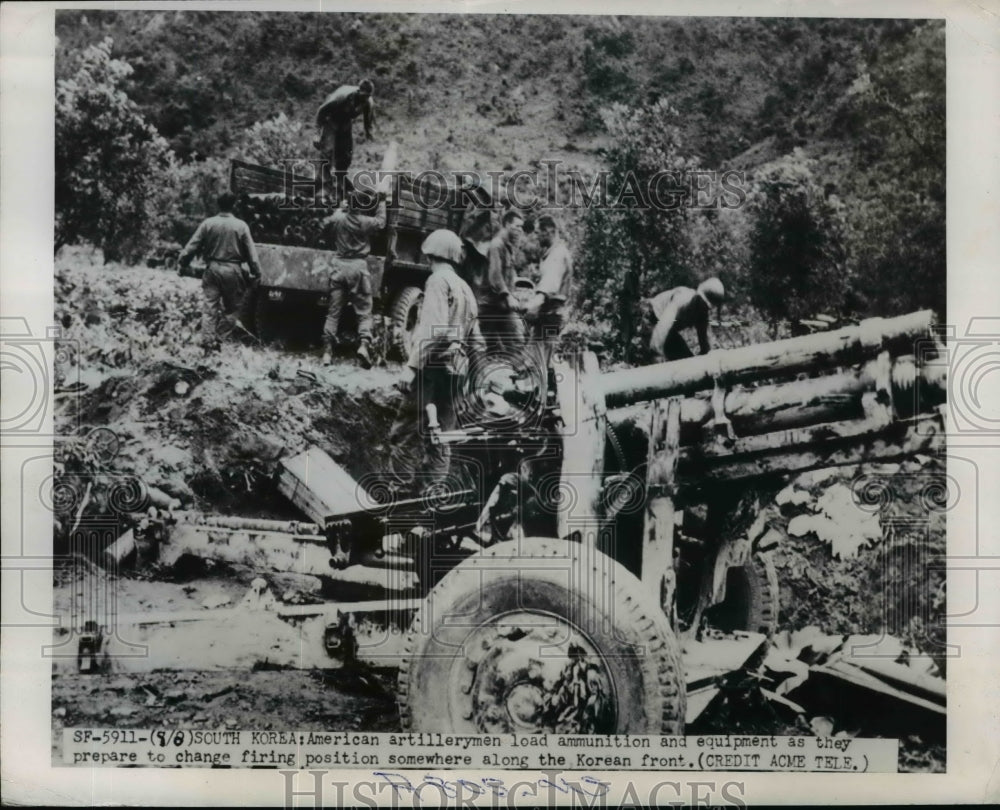 1950 American artillerymen load ammunition and equipments to prepare-Historic Images