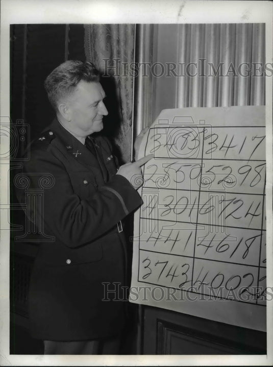 1942 Press Photo Brig.Gen Lewis B. Hershey points first drawn in Draft Lottery- Historic Images