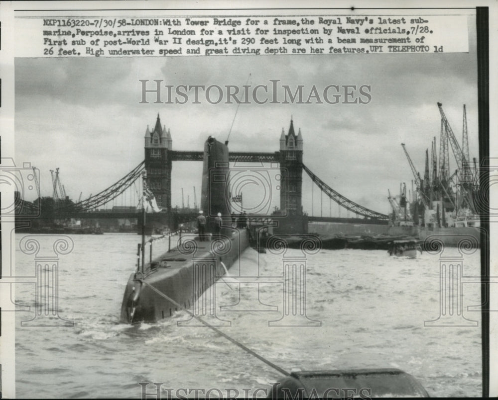 1958 Royal Navy Submarine Porpoise arriving in London for a visit - Historic Images